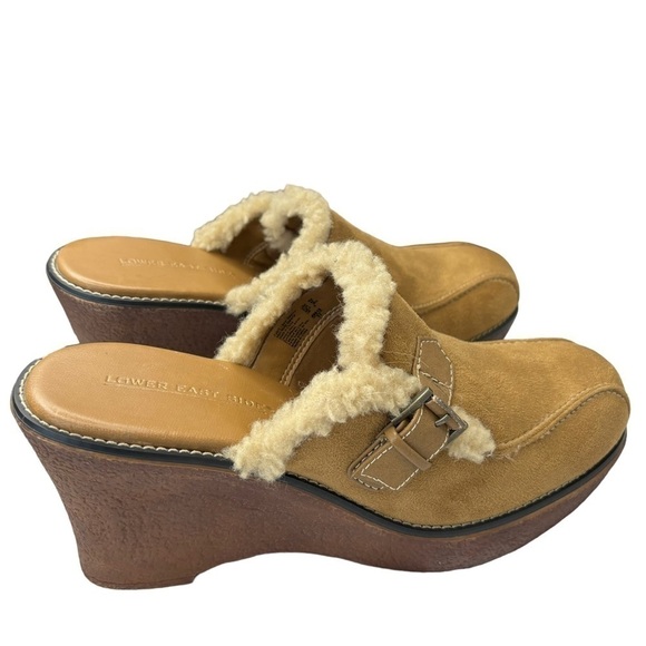Lower East Side VTG Mules Size 9.5 Clogs Tan Suede & Sherpa Gummies Wedge Heel - Picture 8 of 9
